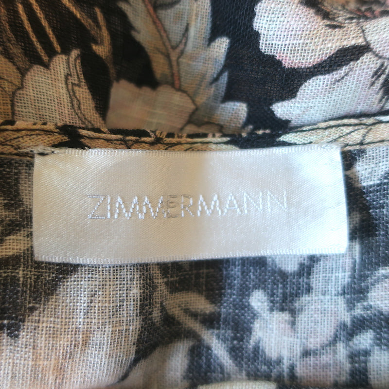 Zimmermann Gossamer Flutter Fringe Mini Dress Black Floral Print Linen Size 2