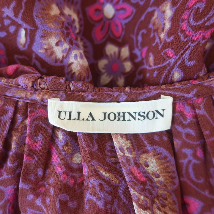 Ulla Johnson Asymmetric Midi Dress Ressie Burgundy Floral Print Silk Size 6