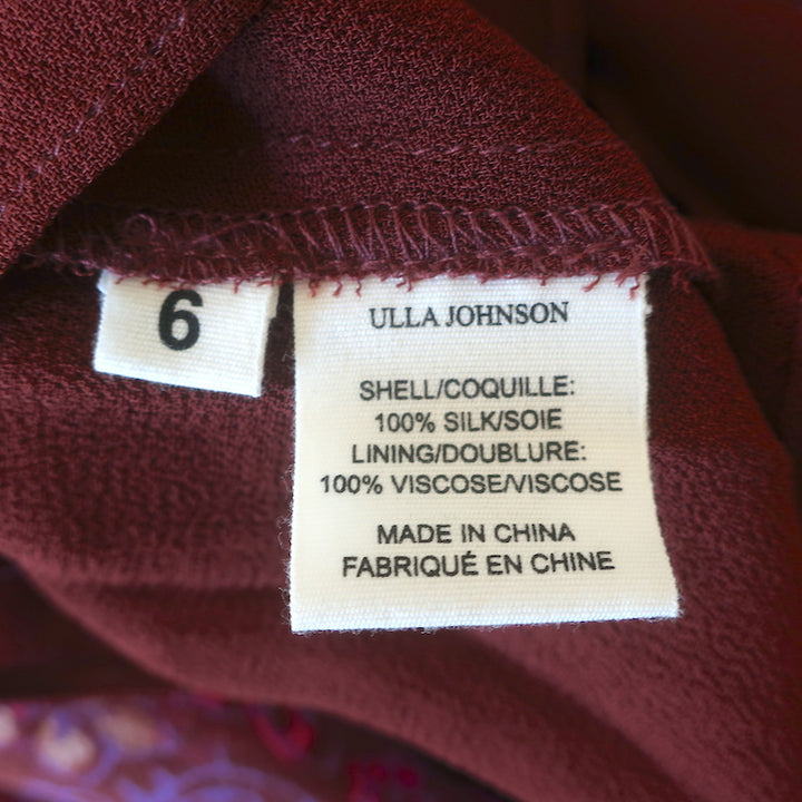 Ulla Johnson Asymmetric Midi Dress Ressie Burgundy Floral Print Silk Size 6