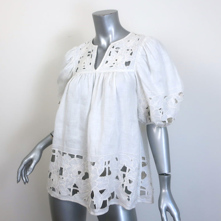 Zimmermann Floral-Embroidered Puff Sleeve Top White Linen Size 1