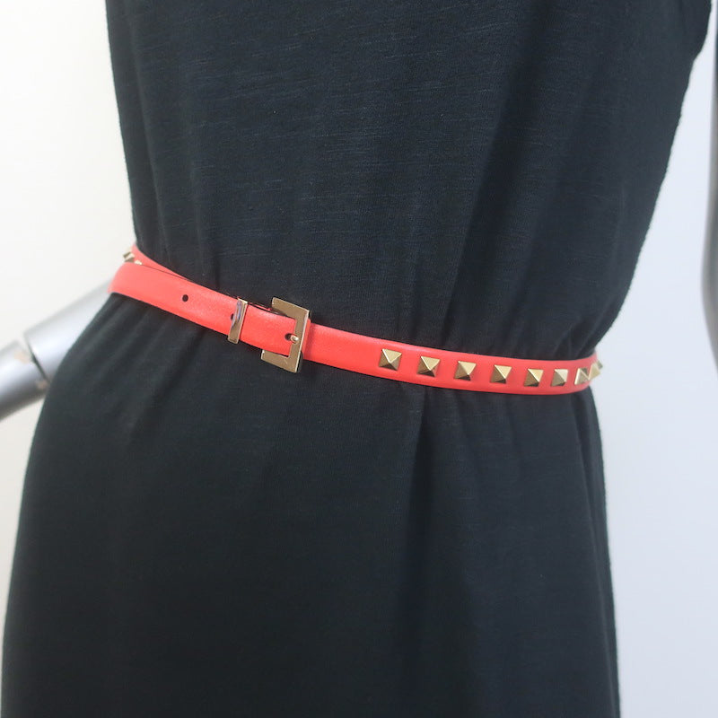 Valentino Rockstud Slim Belt Red Leather Gold Hardware Size Extra Small