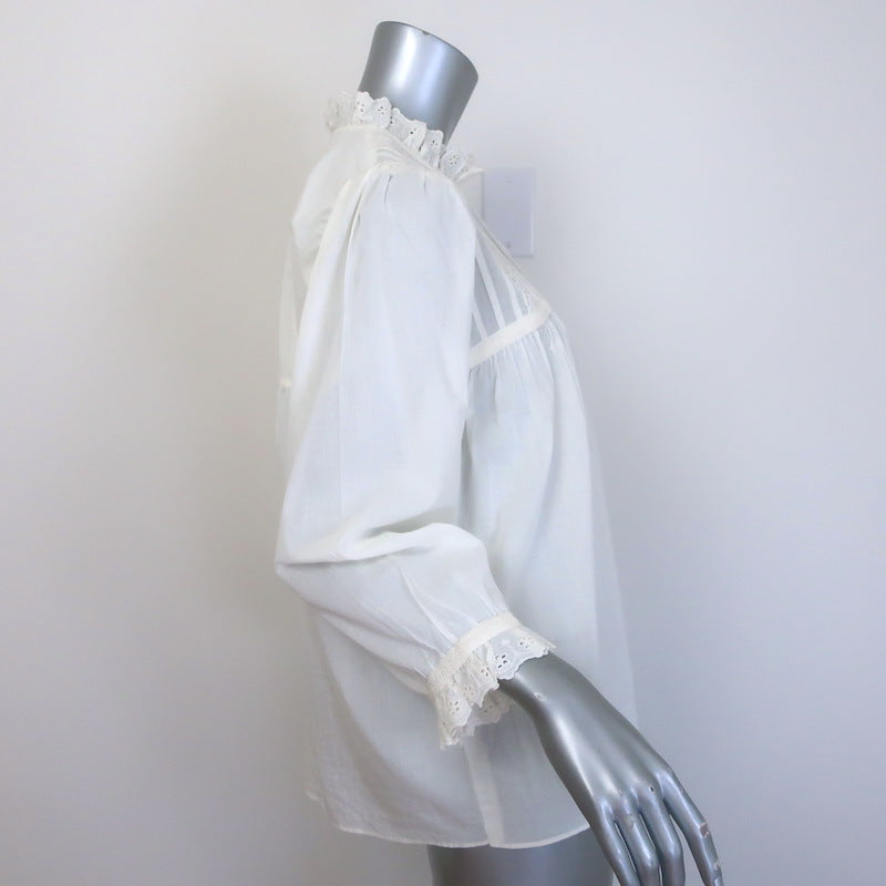 Nili Lotan Sarah Broderie Anglaise-Trim Blouse Cream Cotton Voile Size Medium