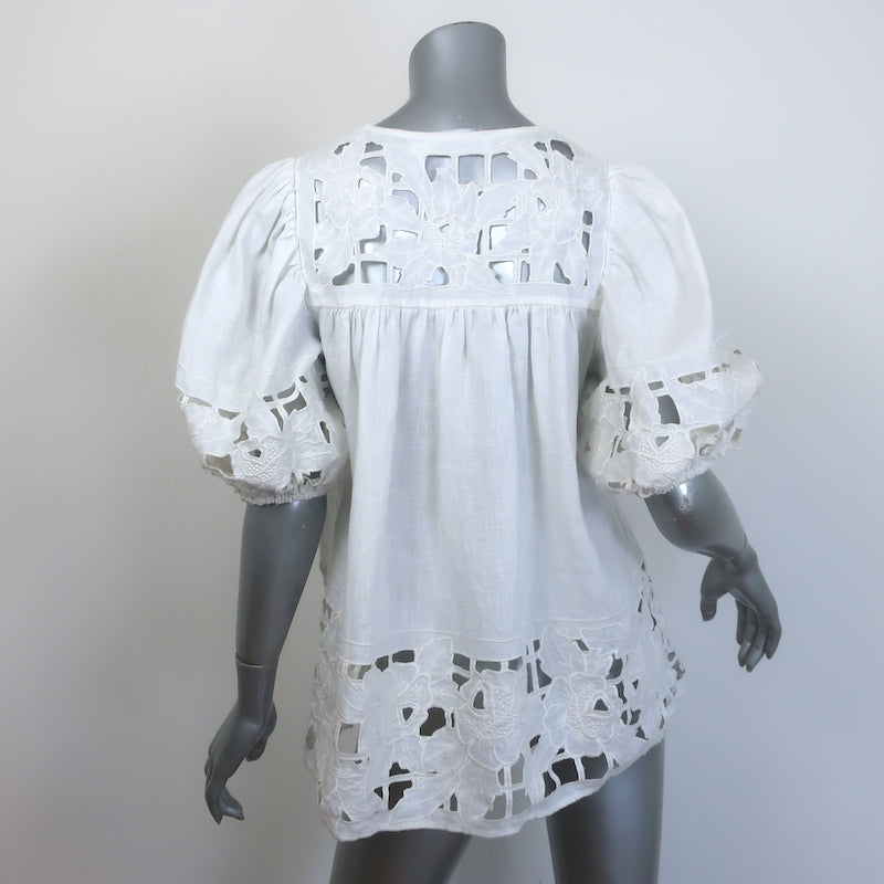 Zimmermann Floral-Embroidered Puff Sleeve Top White Linen Size 1