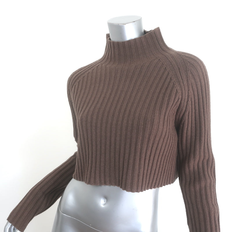 Maje Rage Cropped Mock Neck Sweater Brown Ribbed Wool Size 36 NEW