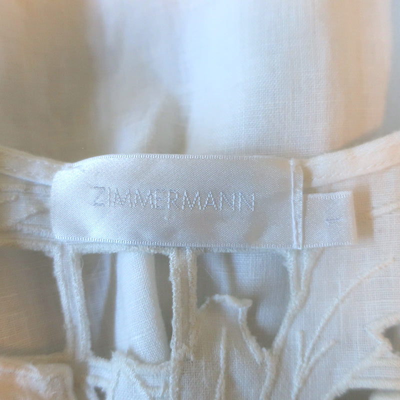 Zimmermann Floral-Embroidered Puff Sleeve Top White Linen Size 1