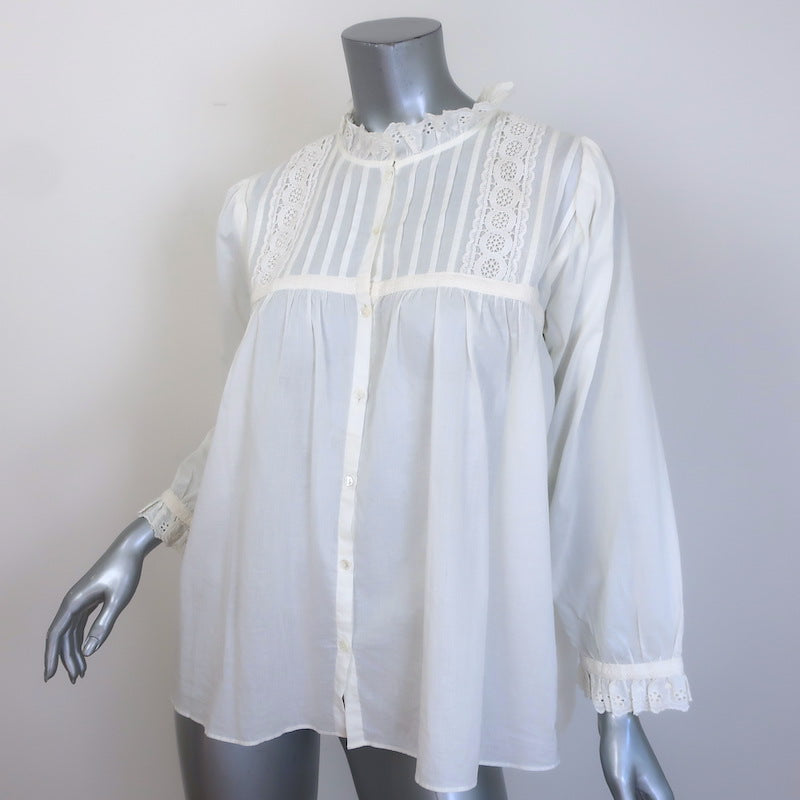 Nili Lotan Sarah Broderie Anglaise-Trim Blouse Cream Cotton Voile Size Medium