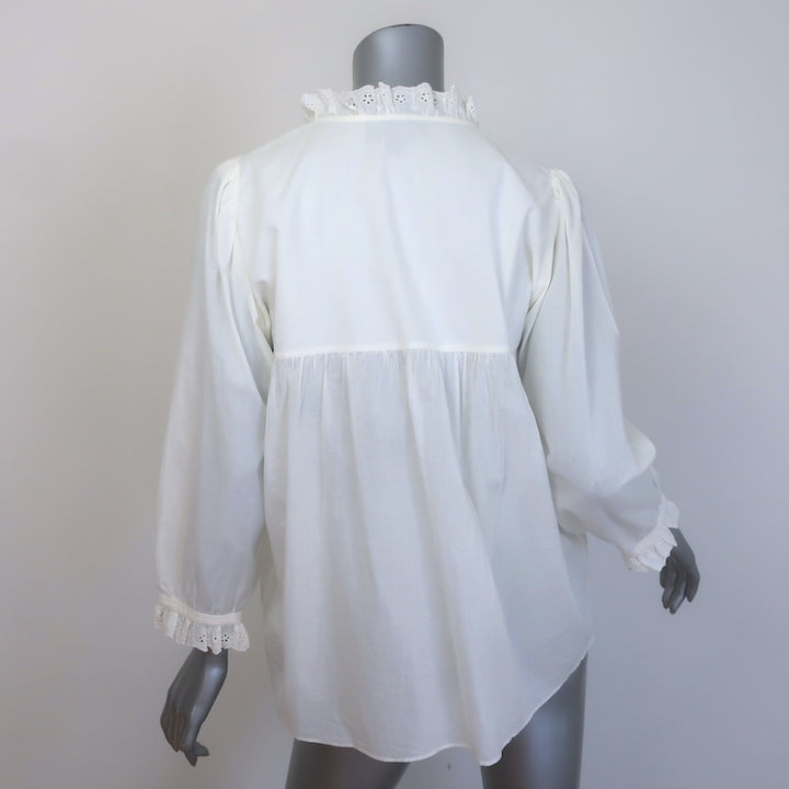 Nili Lotan Sarah Broderie Anglaise-Trim Blouse Cream Cotton Voile Size Medium