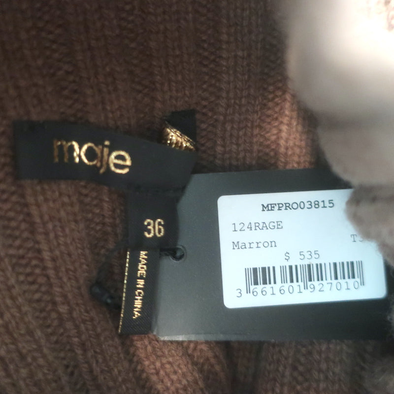 Maje Rage Cropped Mock Neck Sweater Brown Ribbed Wool Size 36 NEW