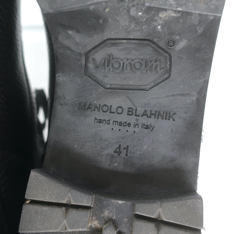 Manolo Blahnik Lugata Side-Zip Combat Boots Black Grained Leather Size 41