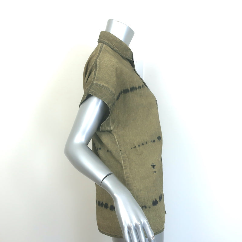 Christian Dior Tie Dye Snap Shirt Olive Cotton Size Small Short Sleeve Top
