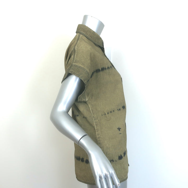 Christian Dior Tie Dye Snap Shirt Olive Cotton Size Small Short Sleeve Top