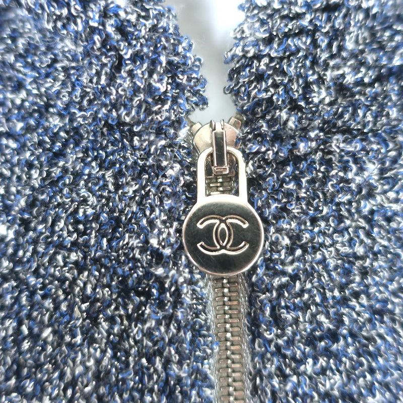 Chanel Interlocking CC Metallic Terry Zip-Up Hoodie Blue/Silver Size 40