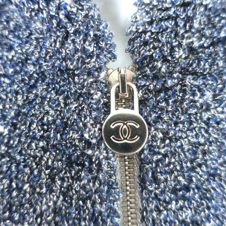 Chanel Interlocking CC Metallic Terry Zip-Up Hoodie Blue/Silver Size 40