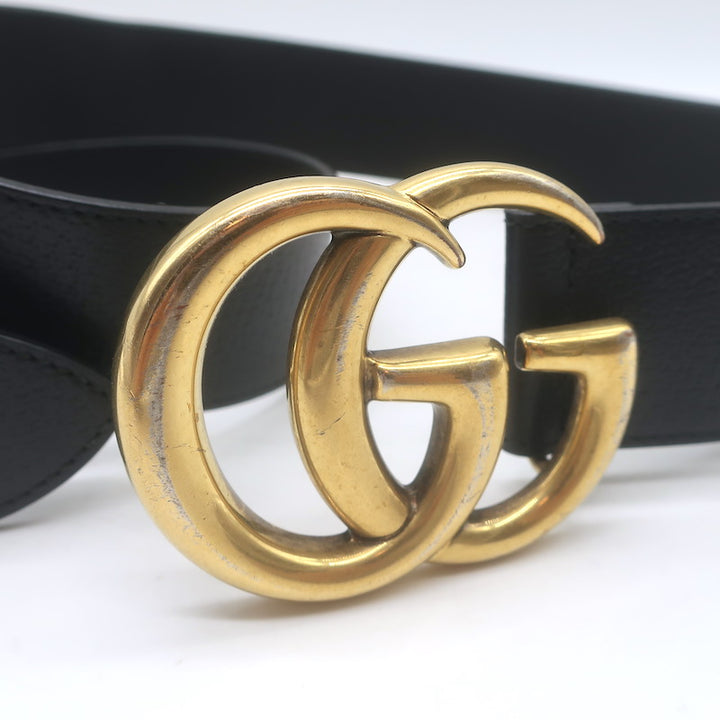 Gucci GG Marmont Wide Belt Black Textured Leather Gold Buckle Size 80 US 32