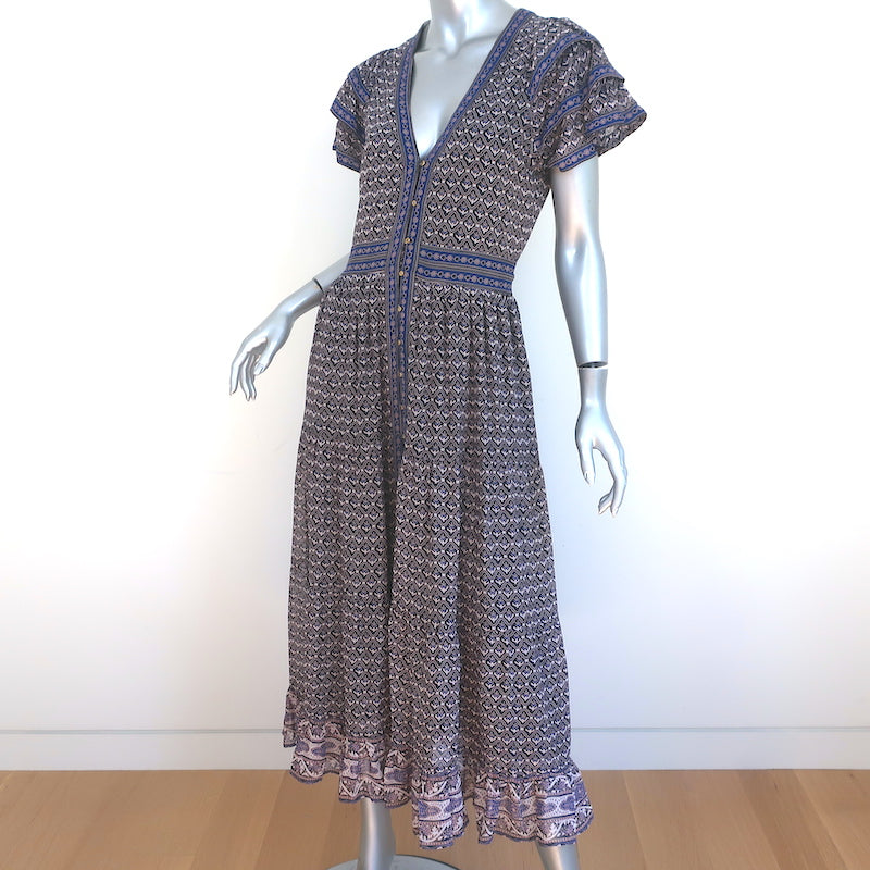 Ulla Johnson Button-Front Midi Dress Ambra Navy Printed Silk Size 8 NEW