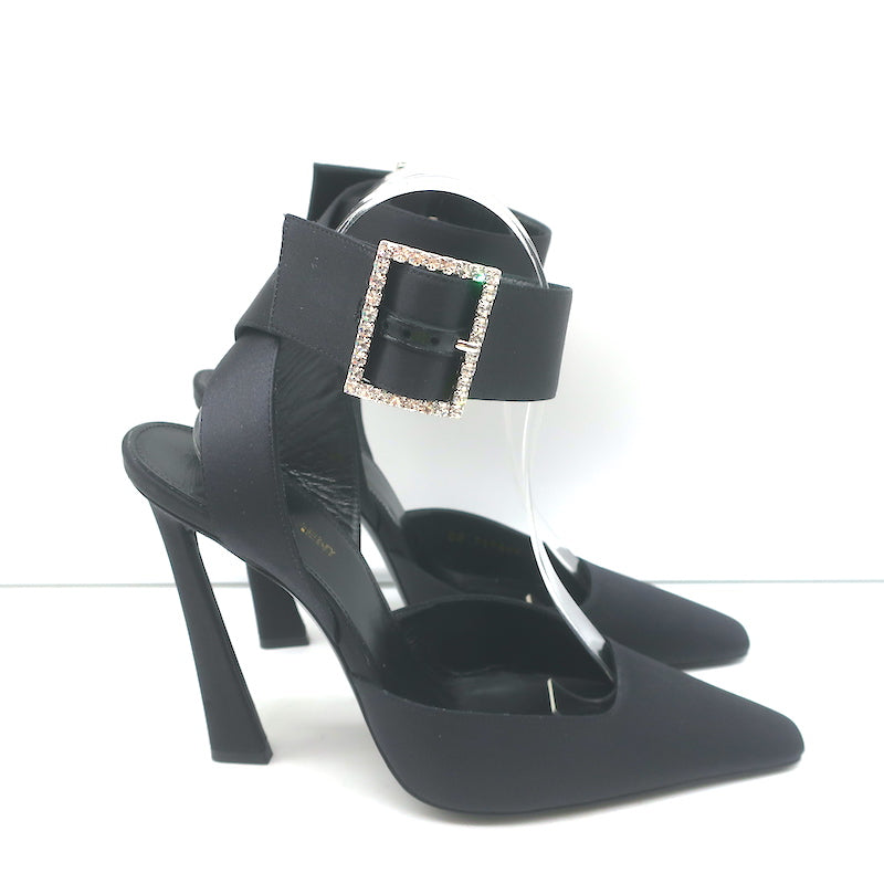 Saint Laurent Fanny Crystal-Buckle Pumps Black Satin Size 39 Ankle Strap Heels