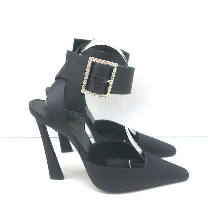 Saint Laurent Fanny Crystal-Buckle Pumps Black Satin Size 39 Ankle Strap Heels