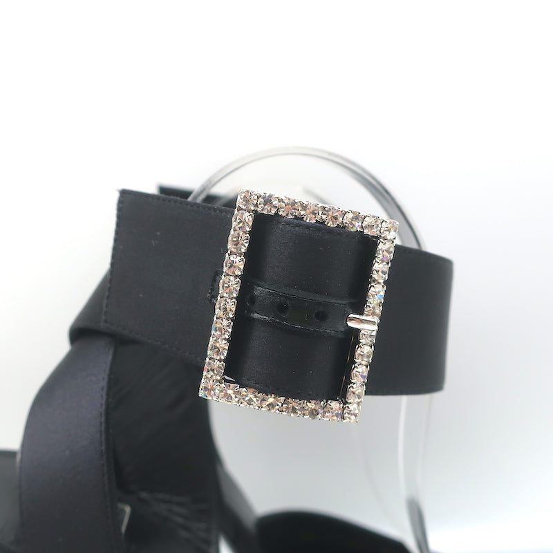 Saint Laurent Fanny Crystal-Buckle Pumps Black Satin Size 39 Ankle Strap Heels