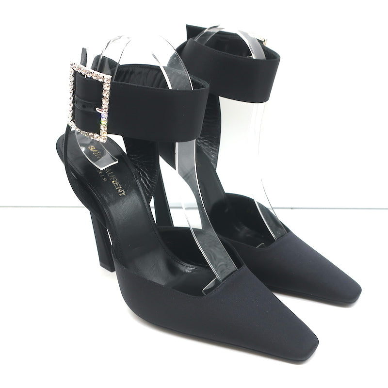 Saint Laurent Fanny Crystal-Buckle Pumps Black Satin Size 39 Ankle Strap Heels