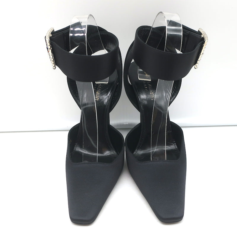Saint Laurent Fanny Crystal-Buckle Pumps Black Satin Size 39 Ankle Strap Heels