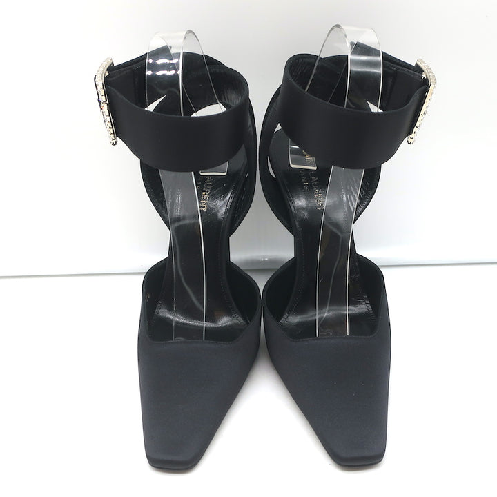 Saint Laurent Fanny Crystal-Buckle Pumps Black Satin Size 39 Ankle Strap Heels