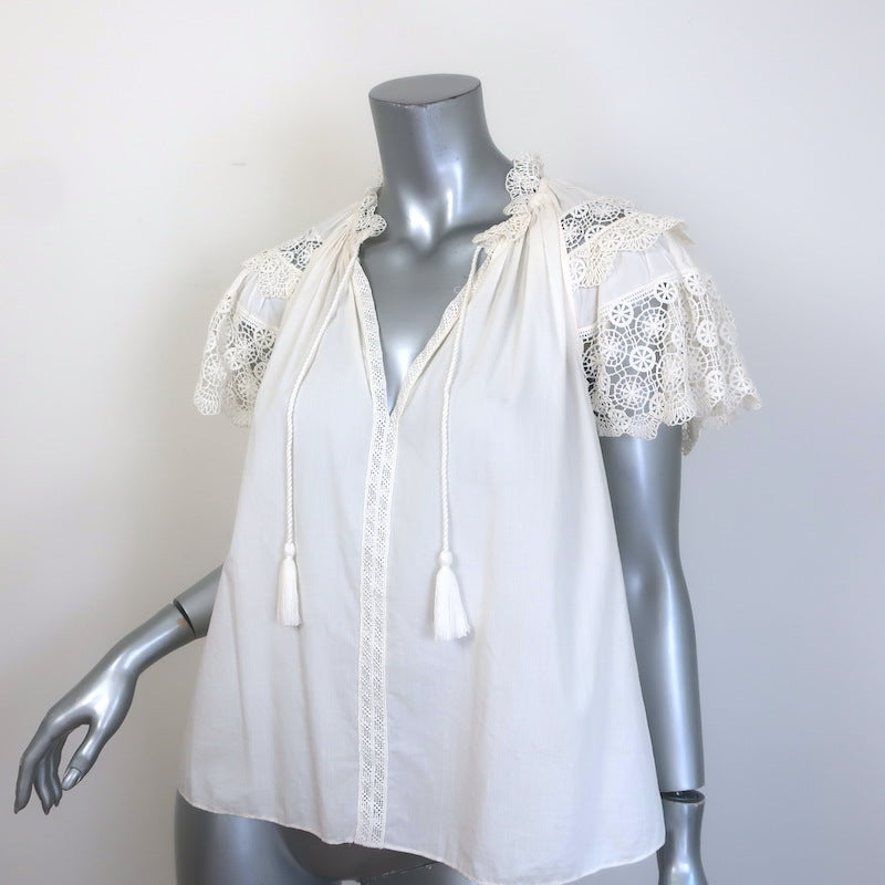 Ulla Johnson Elsie Crochet Lace-Sleeve Tassel Tie Blouse Cream Cotton Size 6
