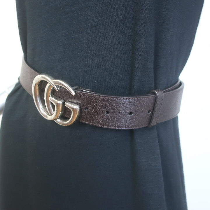 Gucci GG Marmont Wide Belt Dark Brown Leather Silver Buckle Size 80 US 32