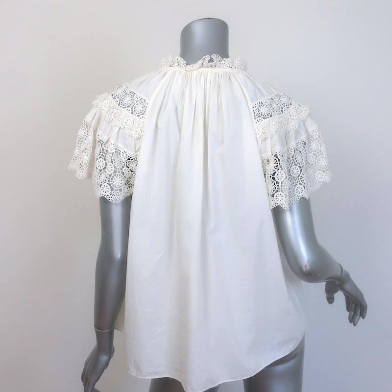 Ulla Johnson Elsie Crochet Lace-Sleeve Tassel Tie Blouse Cream Cotton Size 6