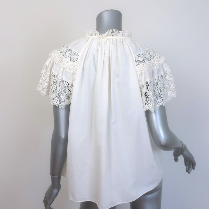 Ulla Johnson Elsie Crochet Lace-Sleeve Tassel Tie Blouse Cream Cotton Size 6