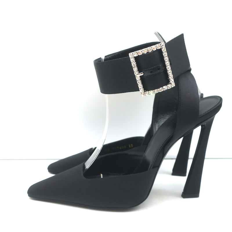 Saint Laurent Fanny Crystal-Buckle Pumps Black Satin Size 39 Ankle Strap Heels