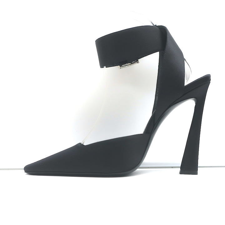 Saint Laurent Fanny Crystal-Buckle Pumps Black Satin Size 39 Ankle Strap Heels