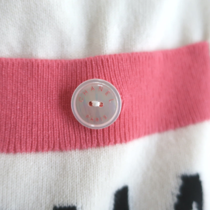 Chanel La Pausa Cashmere V-Neck Logo Sweater Cream &amp; Pink Size 42