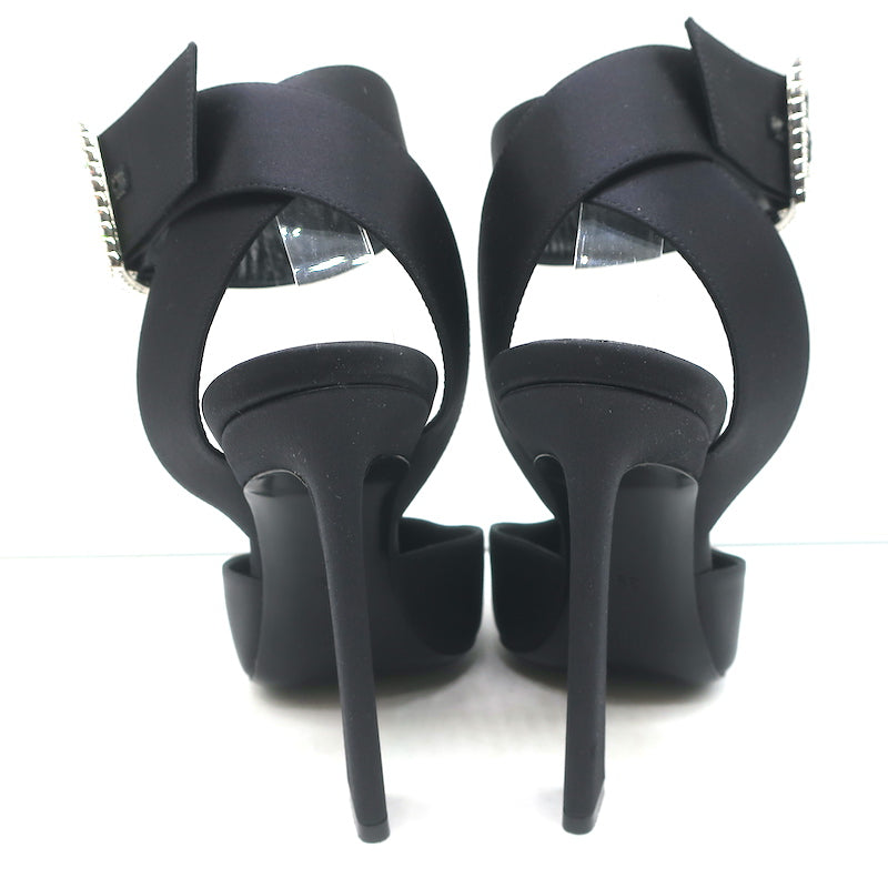 Saint Laurent Fanny Crystal-Buckle Pumps Black Satin Size 39 Ankle Strap Heels