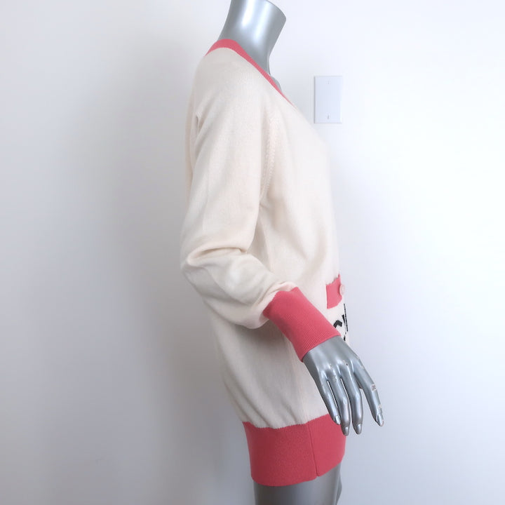 Chanel La Pausa Cashmere V-Neck Logo Sweater Cream &amp; Pink Size 42