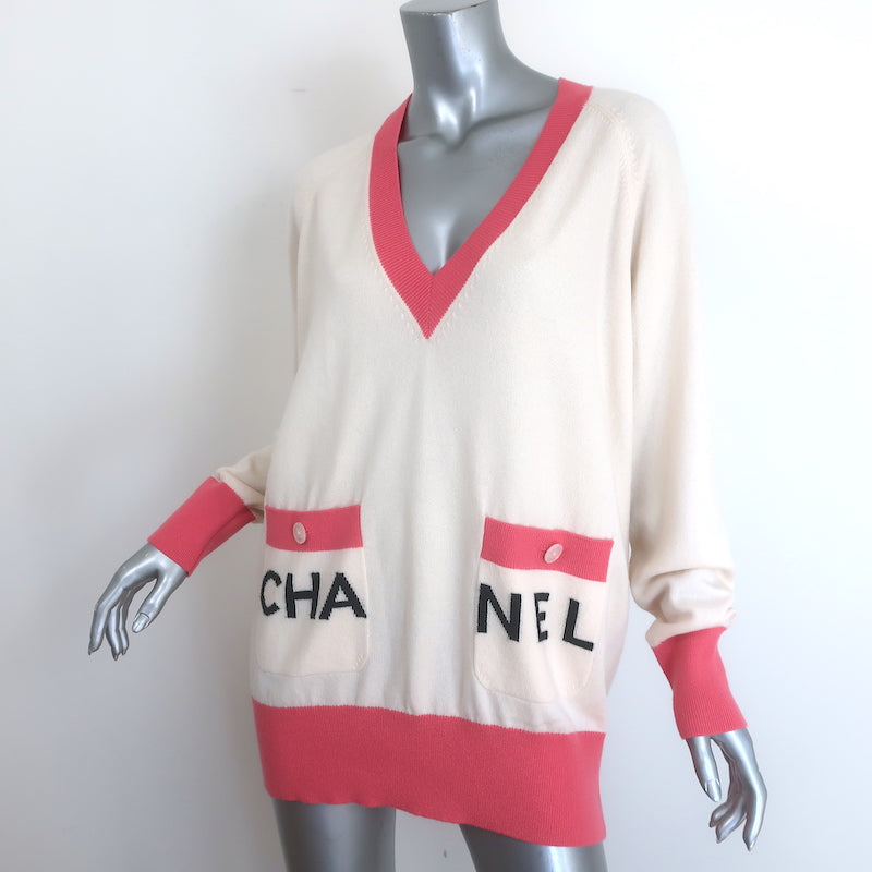 Chanel La Pausa Cashmere V-Neck Logo Sweater Cream &amp; Pink Size 42