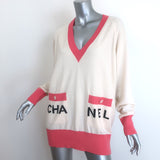 Chanel La Pausa Cashmere V-Neck Logo Sweater Cream & Pink Size 42