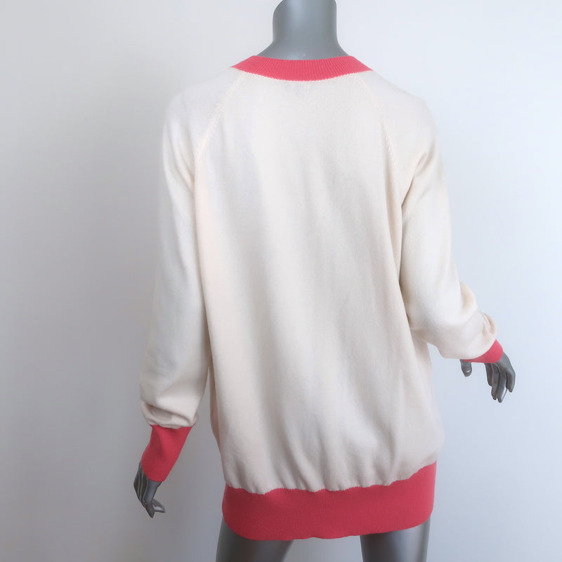 Chanel La Pausa Cashmere V-Neck Logo Sweater Cream &amp; Pink Size 42