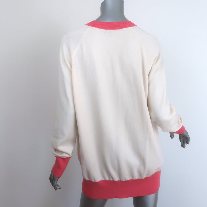 Chanel La Pausa Cashmere V-Neck Logo Sweater Cream &amp; Pink Size 42