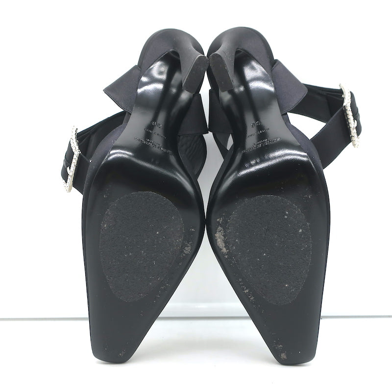 Saint Laurent Fanny Crystal-Buckle Pumps Black Satin Size 39 Ankle Strap Heels