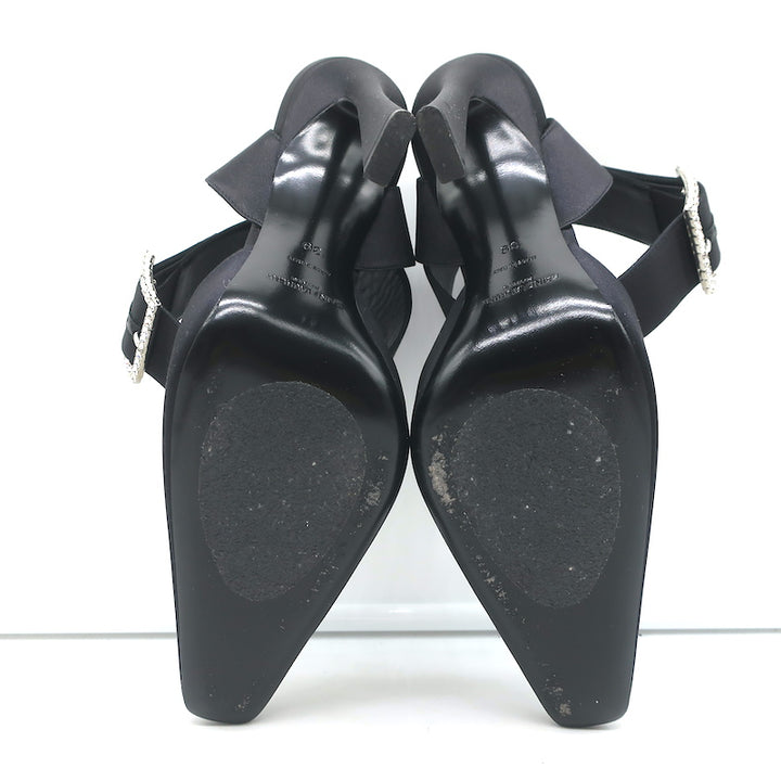 Saint Laurent Fanny Crystal-Buckle Pumps Black Satin Size 39 Ankle Strap Heels