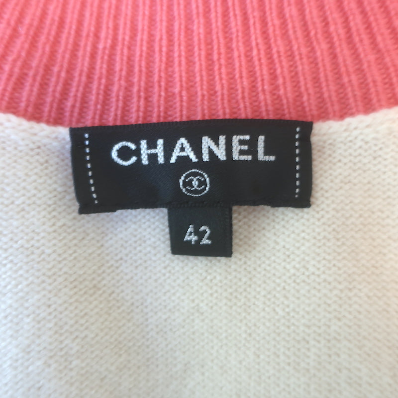 Chanel La Pausa Cashmere V-Neck Logo Sweater Cream &amp; Pink Size 42