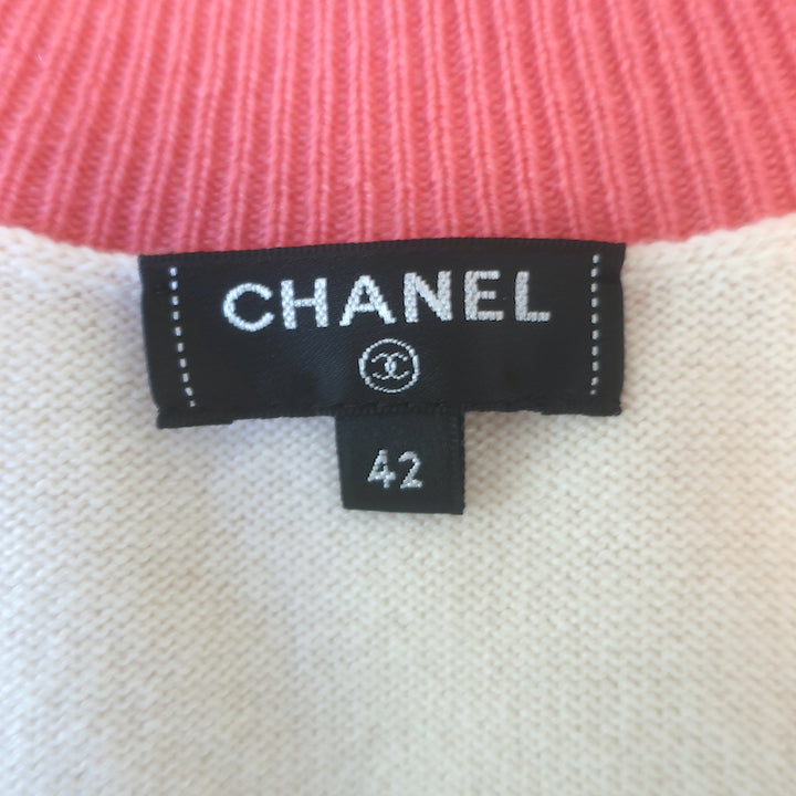 Chanel La Pausa Cashmere V-Neck Logo Sweater Cream &amp; Pink Size 42