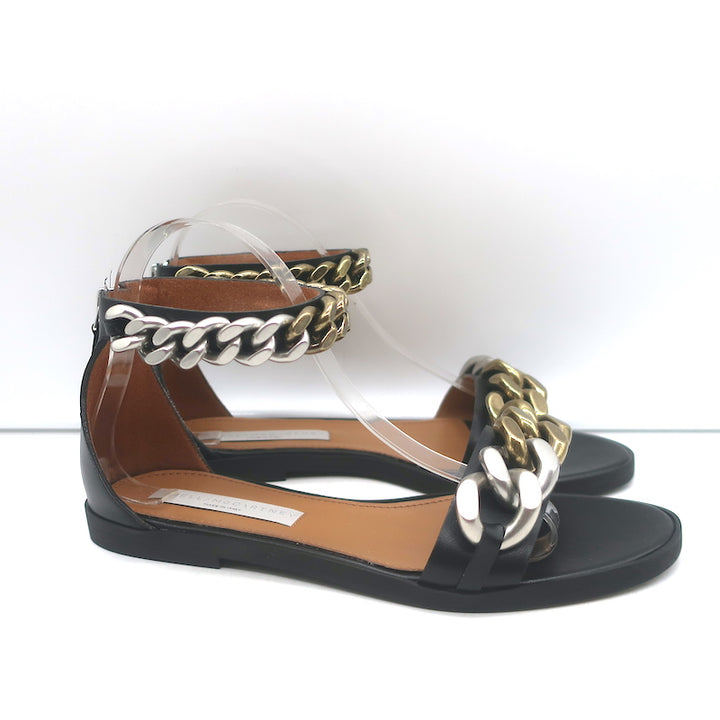 Stella McCartney Falabella Two Tone Chain-Embellished Sandals Black Size 38 NEW