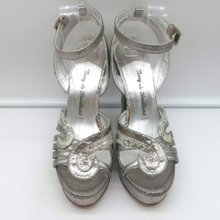 Terry de Havilland Platform Wedge Sandals Silver Metallic Snakeskin Size 37