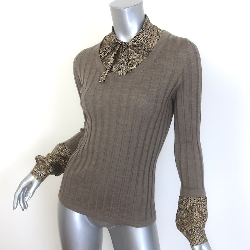 Barbara Bui Detachable-Trim Sweater Taupe Brown Ribbed Merino Wool Size Large