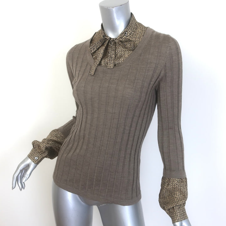 Barbara Bui Detachable-Trim Sweater Taupe Brown Ribbed Merino Wool Size Large