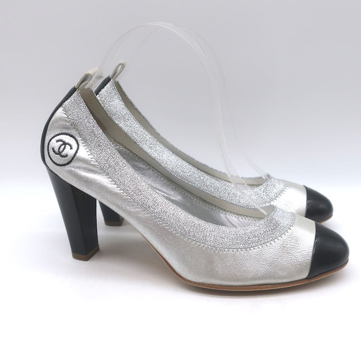 Chanel Cap Toe CC Ballet Pumps Black Patent &amp; Silver Metallic Leather Size 39