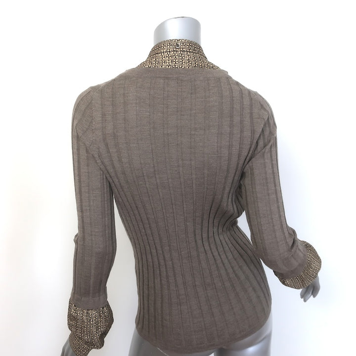 Barbara Bui Detachable-Trim Sweater Taupe Brown Ribbed Merino Wool Size Large