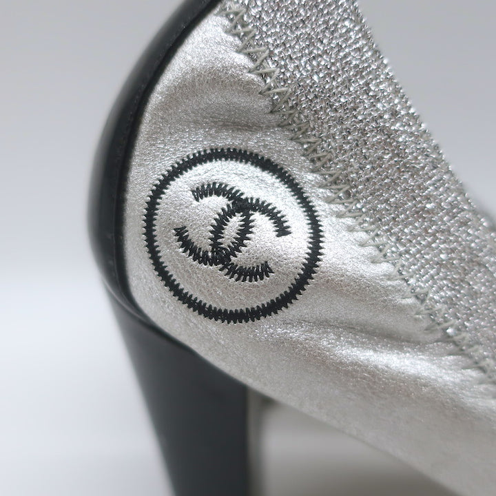 Chanel Cap Toe CC Ballet Pumps Black Patent &amp; Silver Metallic Leather Size 39