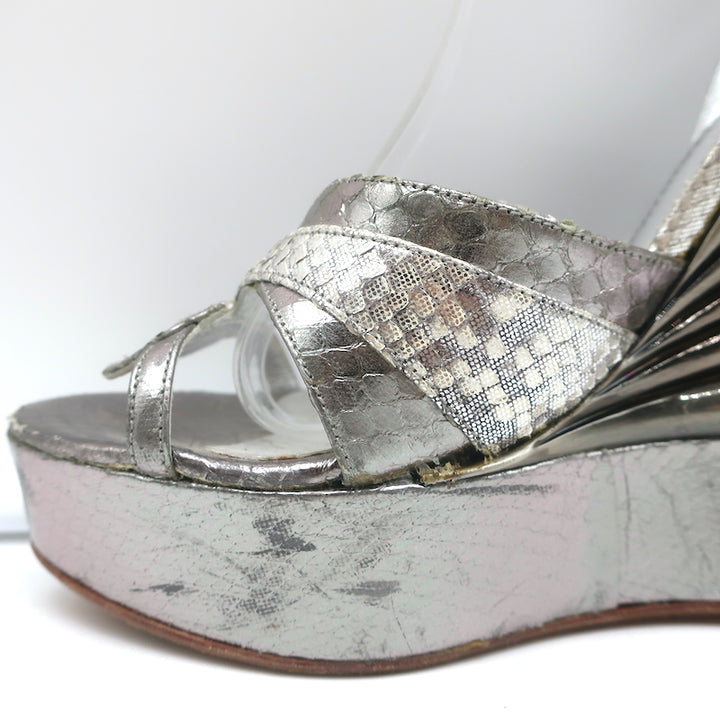 Terry de Havilland Platform Wedge Sandals Silver Metallic Snakeskin Size 37